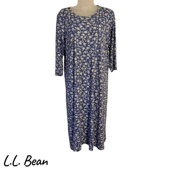 L.L. Bean Navy Floral 3/4 Sleeves Dress MEDIUM/LARGE #CL - Picture 1 of 8